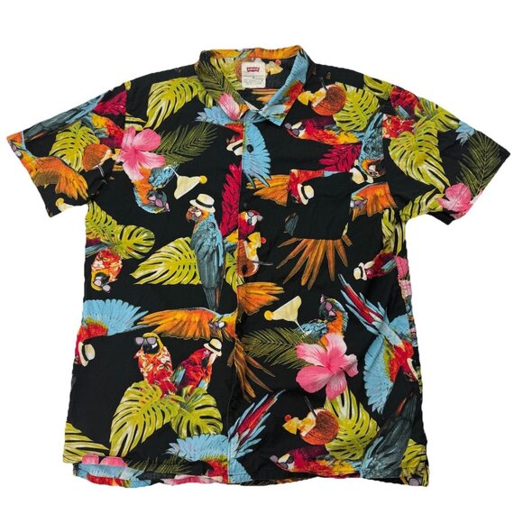 Levi's Mens XL Black Parrot Hawaiian Colorful Short Sleeve Shirt - Picture 1 of 6